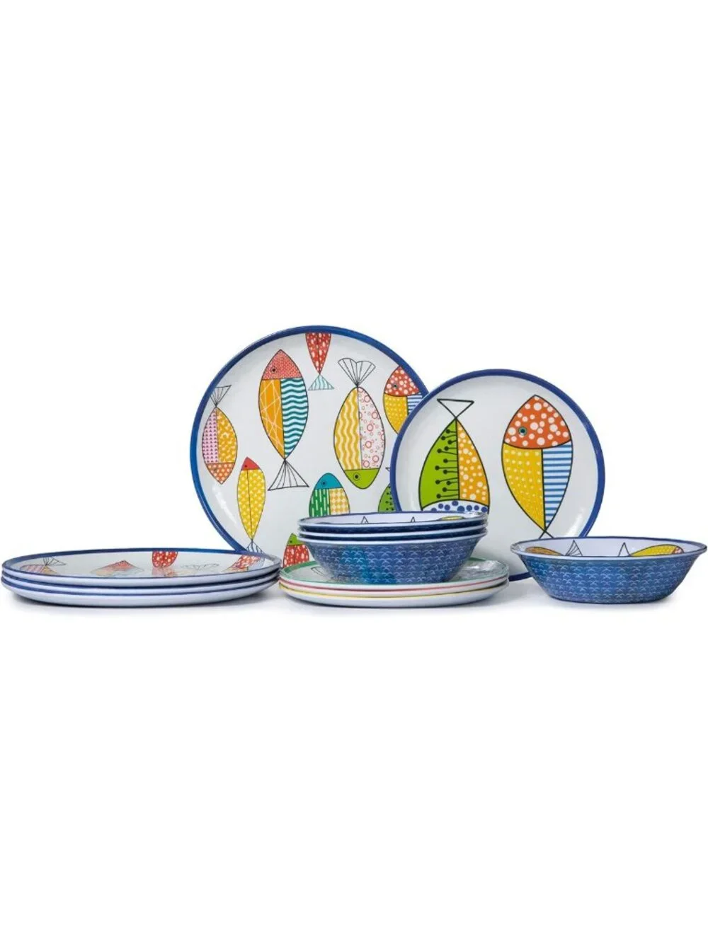 Stylish 12PCS Melamine Dinnerware Set for 4 - Fish Plates & Bowls, Durable